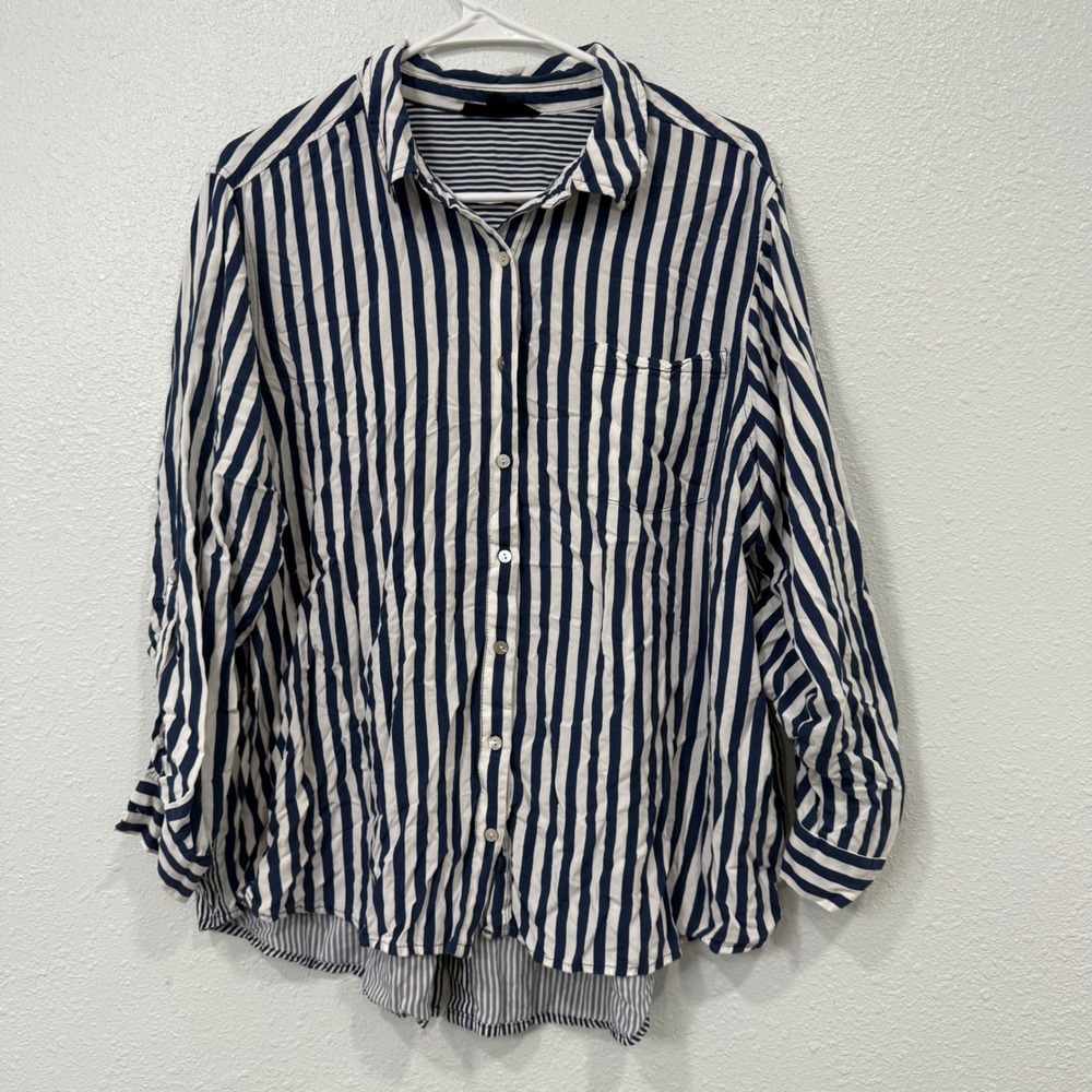 Jane + Delancey Navy Blue White Striped Rayon Button Down Shirt Womens 1X BG35
